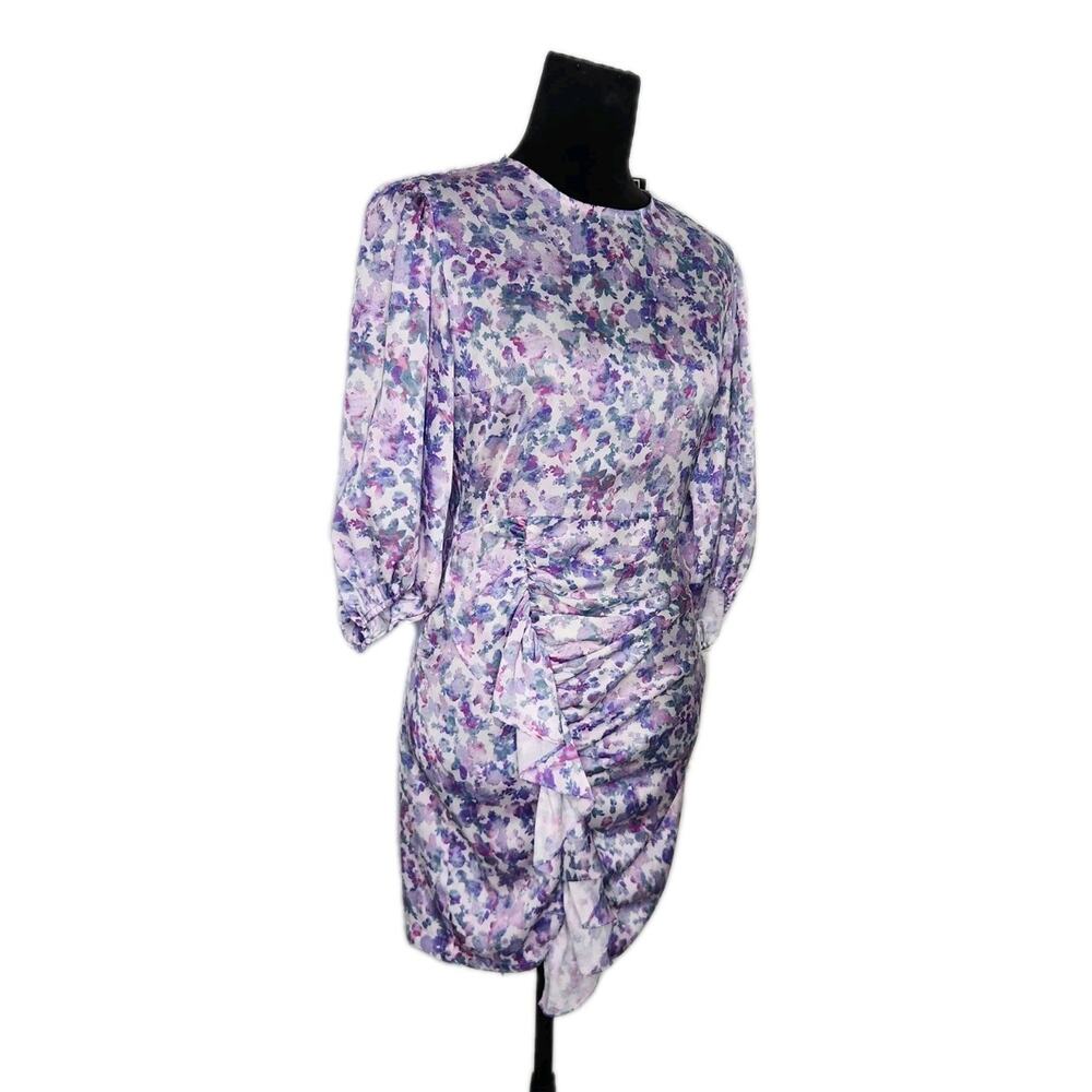 NWT Maje Ruvard Floral Rushed Ruffle 3/4 Sleeves Sheath mini Dress Size 36 - Picture 3 of 13